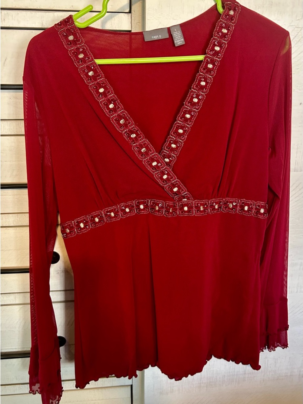 Apt. 9 Red Embellished V-Neck Long Sleeve Top